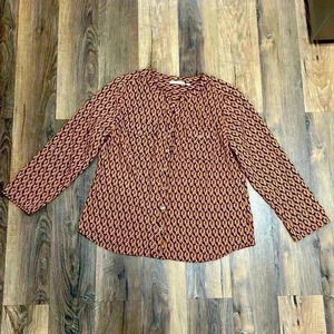 Notations women’s orange/black/tan pattern Blouse size large. Long sleeve v-neck